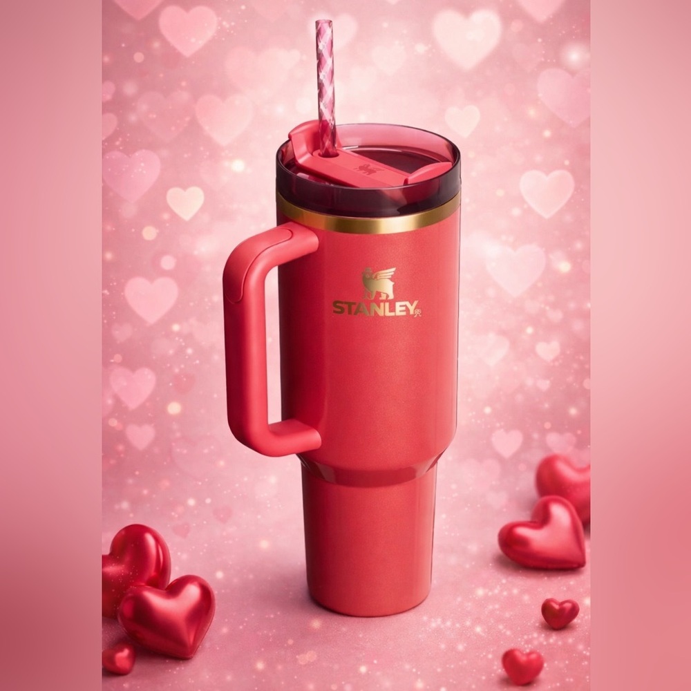 Stanley The Quencher H2.0 FlowState Tumbler 40 oz Scarlet Tinsel NEW + straws